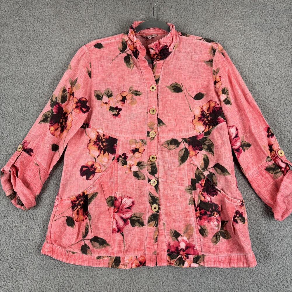 John Mark Linen Tunic Small Floral Lagenlook Cottage Roll Tab Pockets Natural - Picture 1 of 11